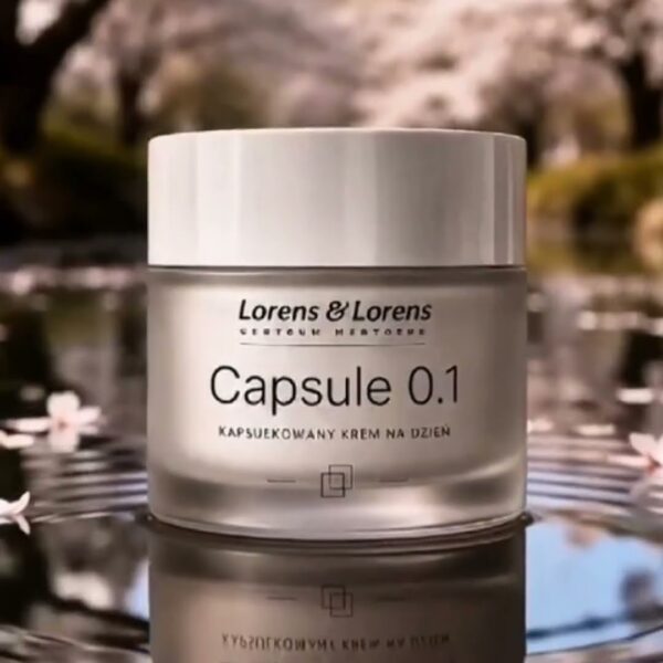 Słoik kremu CAPSULE 0.1 Lorens & Lorens na tafli wody, w tle kwitnąca wiśnia