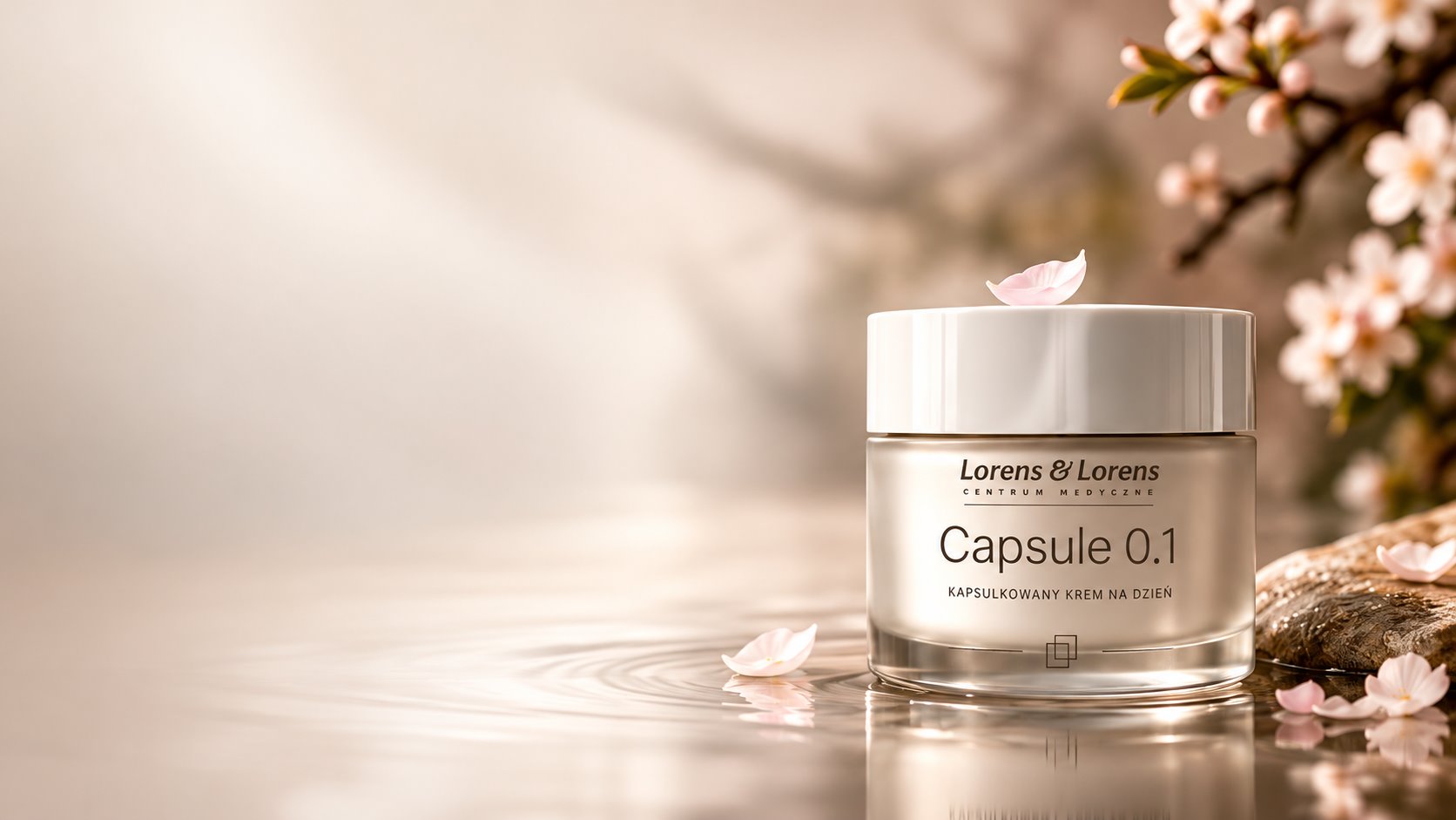 Krem CAPSULE 0.1 Lorens & Lorens na tafli wody, obok gałązka kwitnącej wiśni